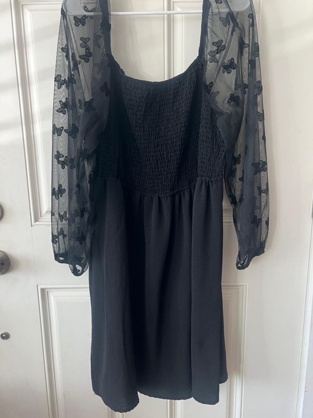 Black Mesh Sleeve Smocked Waist Dress